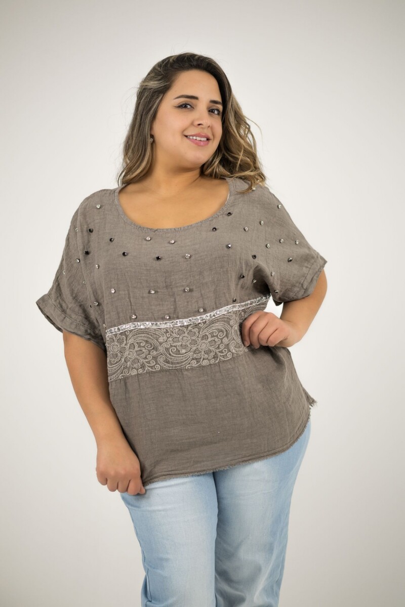 Blusa 100% lino Con strass bordado y lentejuelas - Visón 