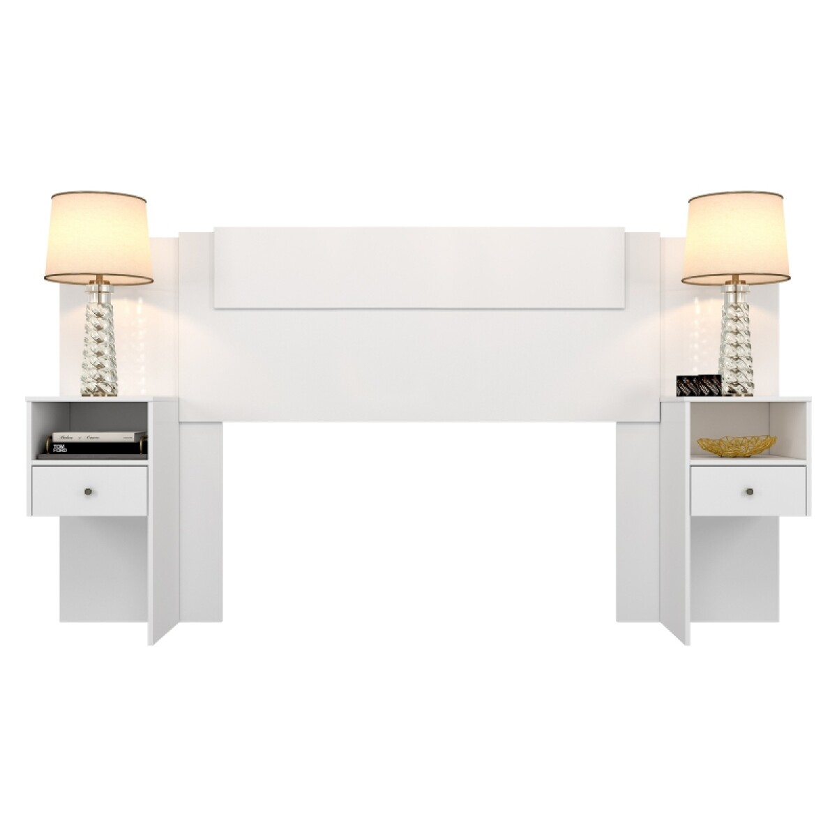 [OUTLET] Respaldo y 2 Mesas de Luz Ajustables para Camas de 2 Plazas / Queen - Blanco 