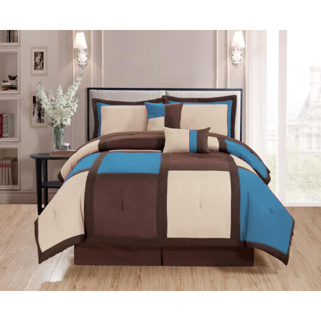 Set de Cama King 6 Piezas con Acolchado Almohadones Fundas Marrón/celeste