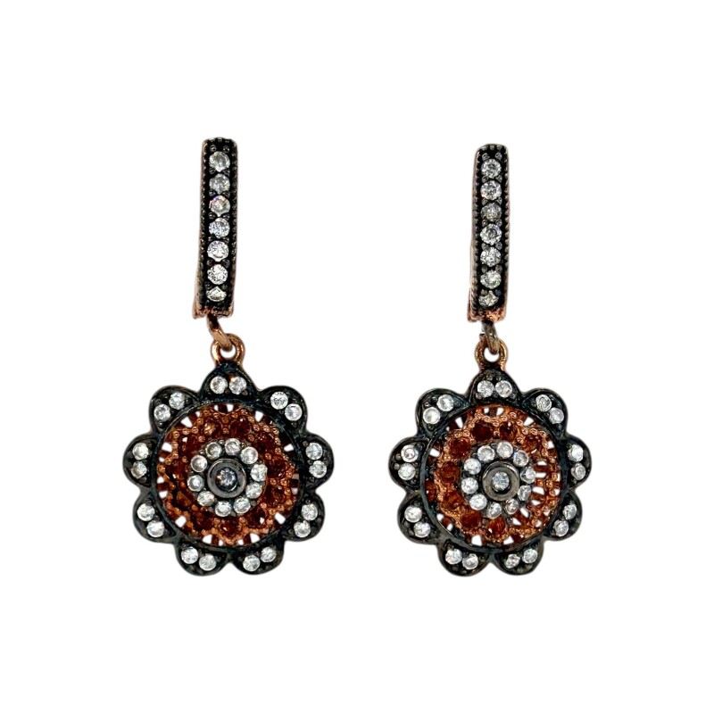 Caravanas Flor-Plata rodinada 925 con micra de oro 18k-Piedra Zirconia-CA2042 conpiedra