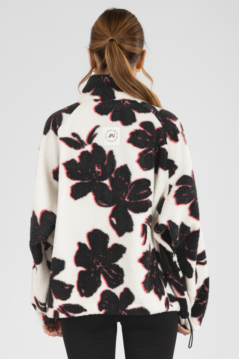 Campera black floral sherpa Marfil
