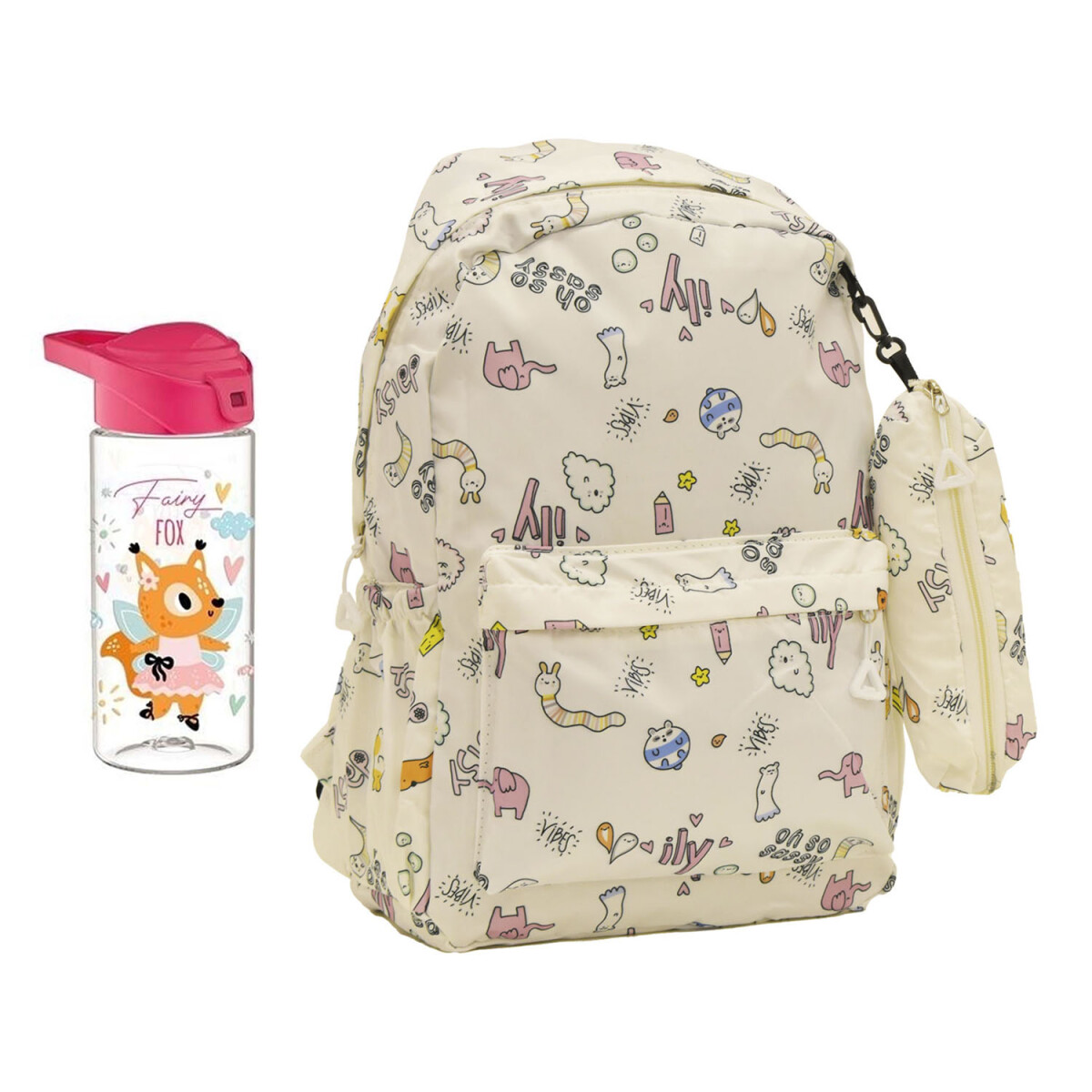 Set Mochila Infantil Escolar con Cartuchera + Botella 500ML - Blanco 
