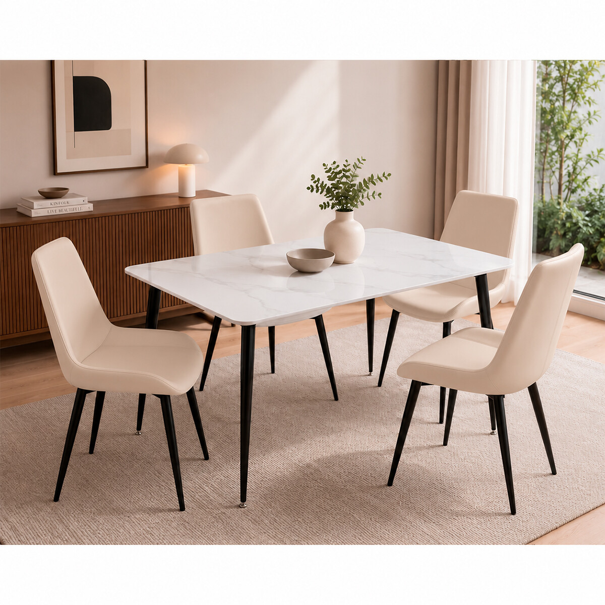 Juego De Comedor Mesa vidrio Símil Mármol + 4 Sillas Ecocuero - Mesa blanca + 4 sillas blancas 