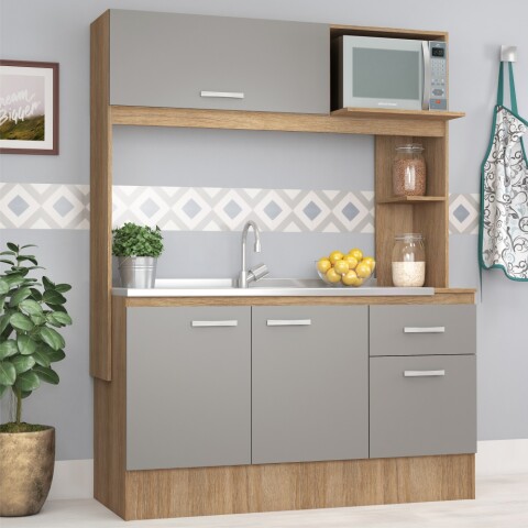 Kit de cocina compacta 4 puertas 1 cajón Patas Ajustables 141 x 50 x 185 cm Carvale / Cinza