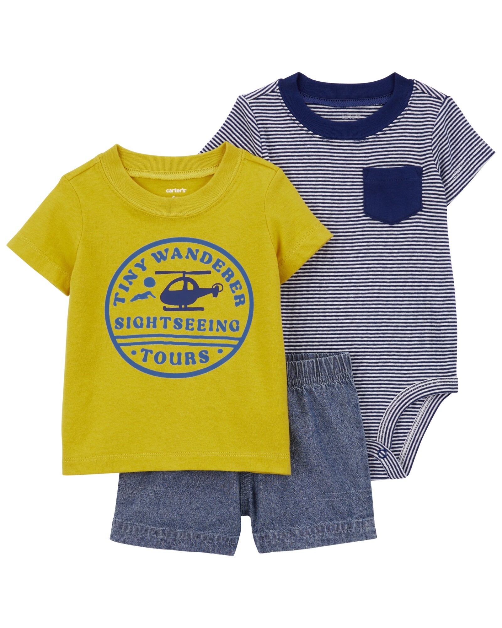 Set tres piezas, short jean, remera y body de algodón Sin color