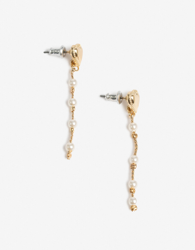 Aros Colgantes Largos Perlas Aros Colgantes Corazón Y Perlas - Dorado