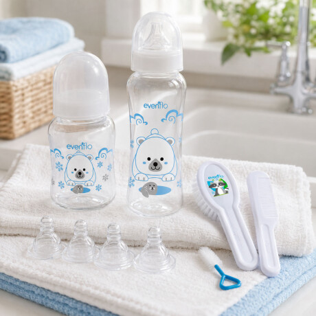 Set Evenflo 2 Mamaderas 120/240ml + Tetinas + Peine Cepillo Blanco