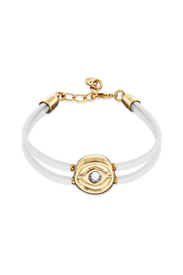 PULSERA DE CUERO DOBLE BLANCO CON DETALLE DE OJO EN ALEACIÓN DE METALES BAÑADO EN ORO DE 18K Y CRISTAL Pulsera