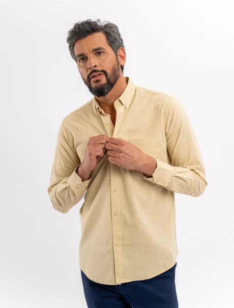 Camisa m/l lisa efecto lino beige