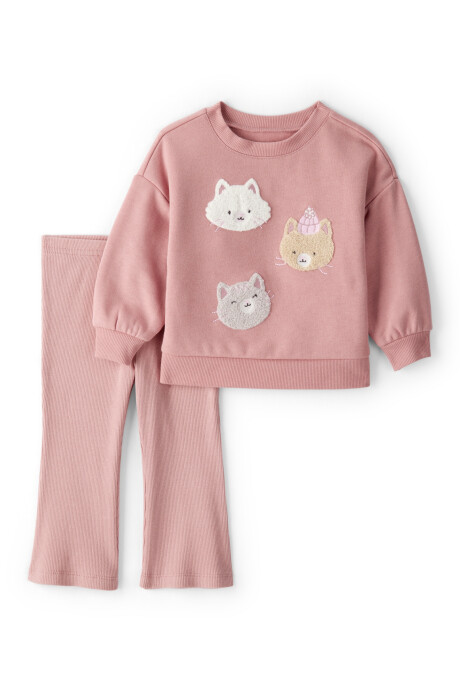 Set dos piezas de algodón, pantalón y buzo, rosados, estampa gatitos Sin color