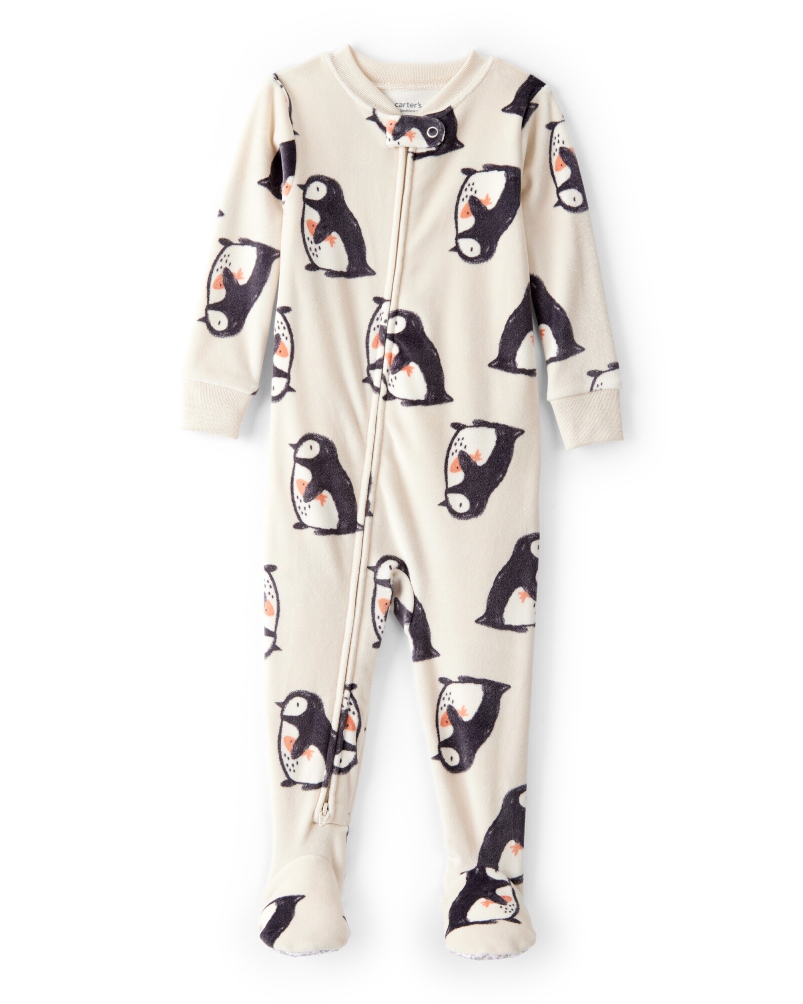Pijama una pieza de DreamPlush, con pie, crema, diseño pingüinos. Talles 12-24M Sin color