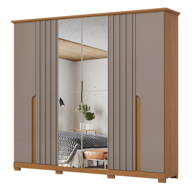 ROPERO NAPOLI 6 PUERTAS 6 CAJONES INTERNOS CON ESPEJO GUARDARROPA CLOSET ARMARIO CANELA
