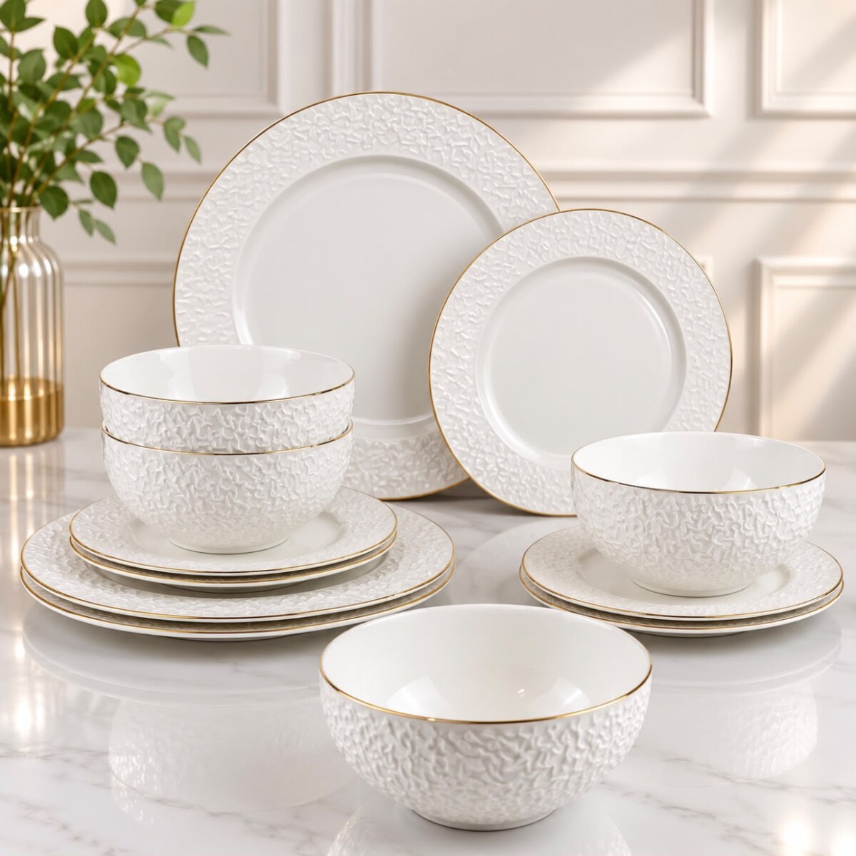 Vajilla Milano de Porcelana 18 Piezas Blanco con Borde Dorado 