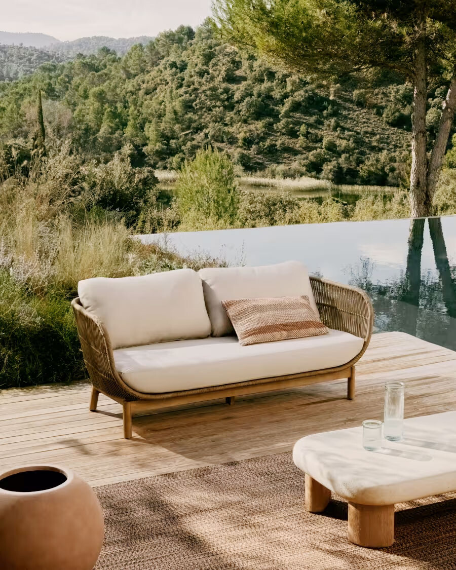 Sofá Catalina 3 plazas de cuerda beige y madera maciza de acacia 170 cm FSC