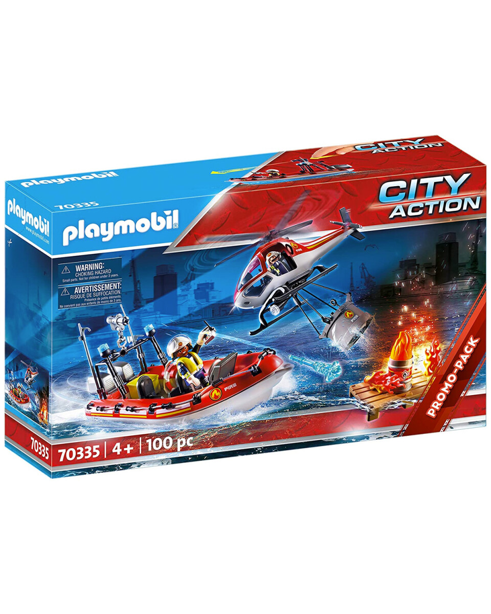 Playmobil City Action misión rescate bomberos bote y helicóptero 100 piezas 