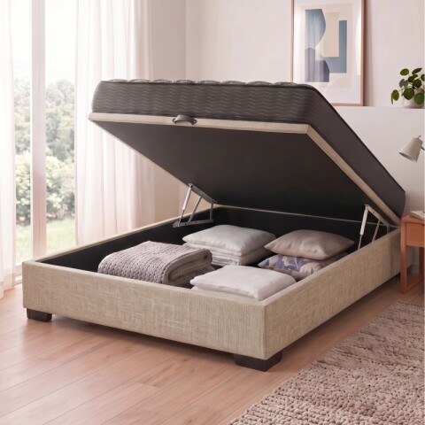 Sommier Baúl Plaza Y Media Beige con Colchón Linde Zafiro 110 x 190 Firme Sommier Baúl Plaza Y Media Beige con Colchón Linde Zafiro 110 x 190 Firme
