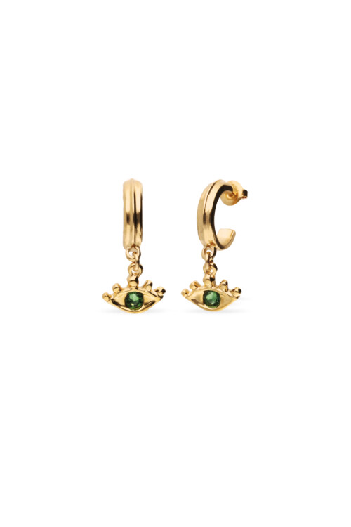 PENDIENTES DE ARO EN ALEACIÓN DE METALES BAÑADOS EN ORO 18K CON DETALLE DE OJO CON CRISTAL VERDE Pendiente