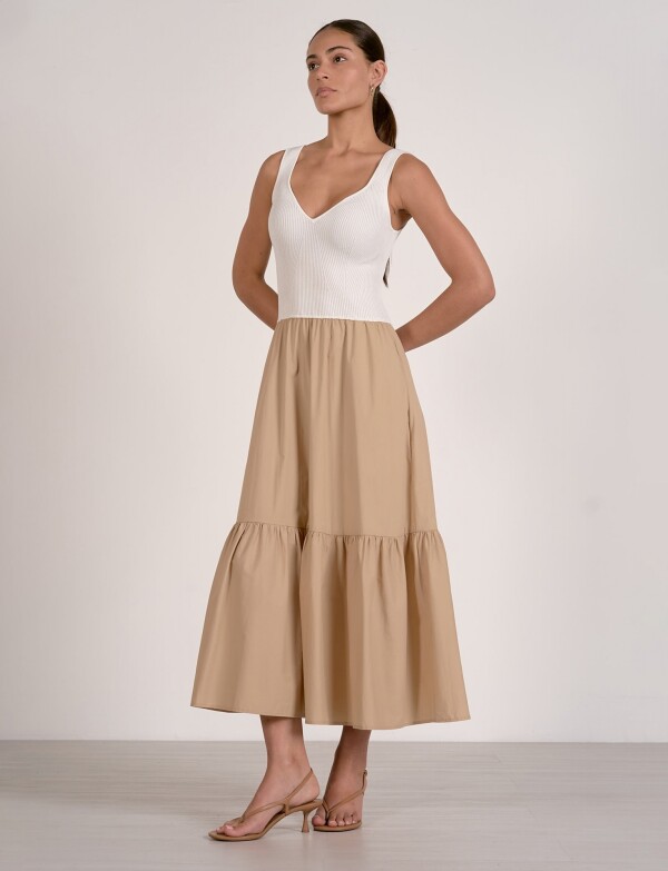 Vestido Bicolor De Punto Acanalado Y Falda Fluida CRUDO