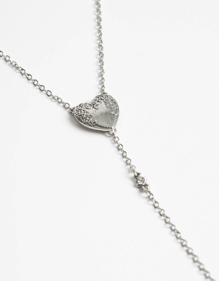 Collares Largos Folk Collar Boho Largo Y Corazón - Plateado Antique Silver