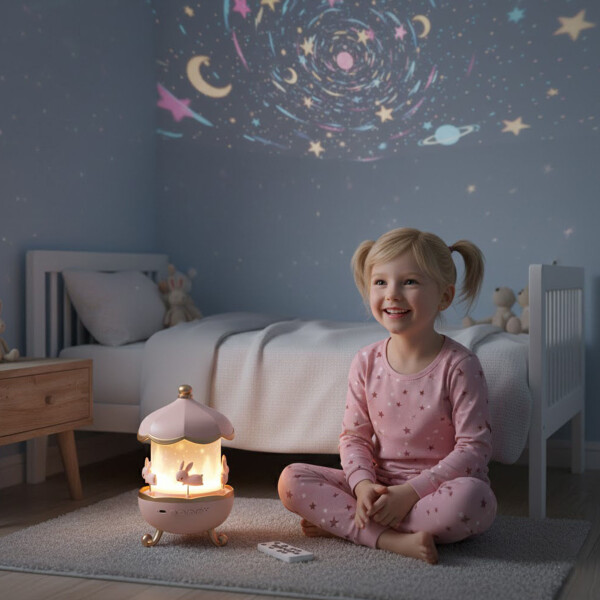 Lámpara Veladora Proyectora Conejo Recargable Control Remoto Color Rosa