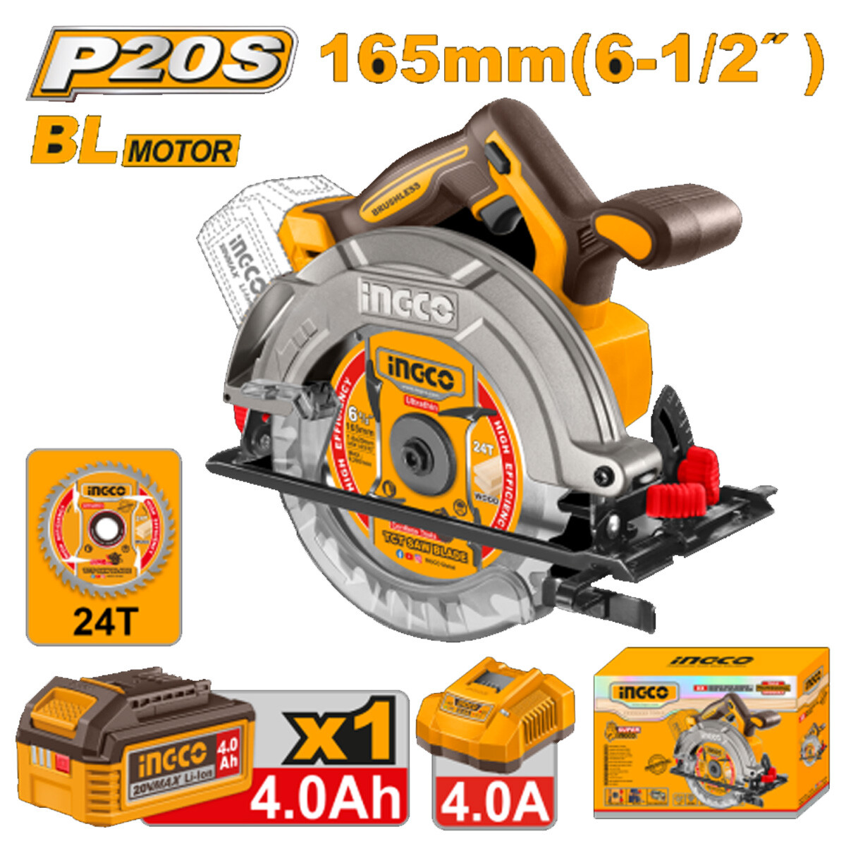 SIERRA CIRCULAR A BATERIA 20V 165MM BRUSHLESS MOTOR + BATERIA 4.0AH + CARGADOR + 
