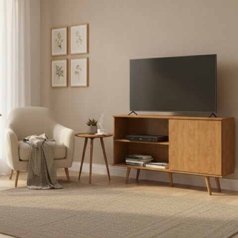 Mueble Rack de Tv de Piso con Puerta y Estantes 136 cm de Ancho - Roble Dakar Mueble Rack de Tv de Piso con Puerta y Estantes 136 cm de Ancho - Roble Dakar