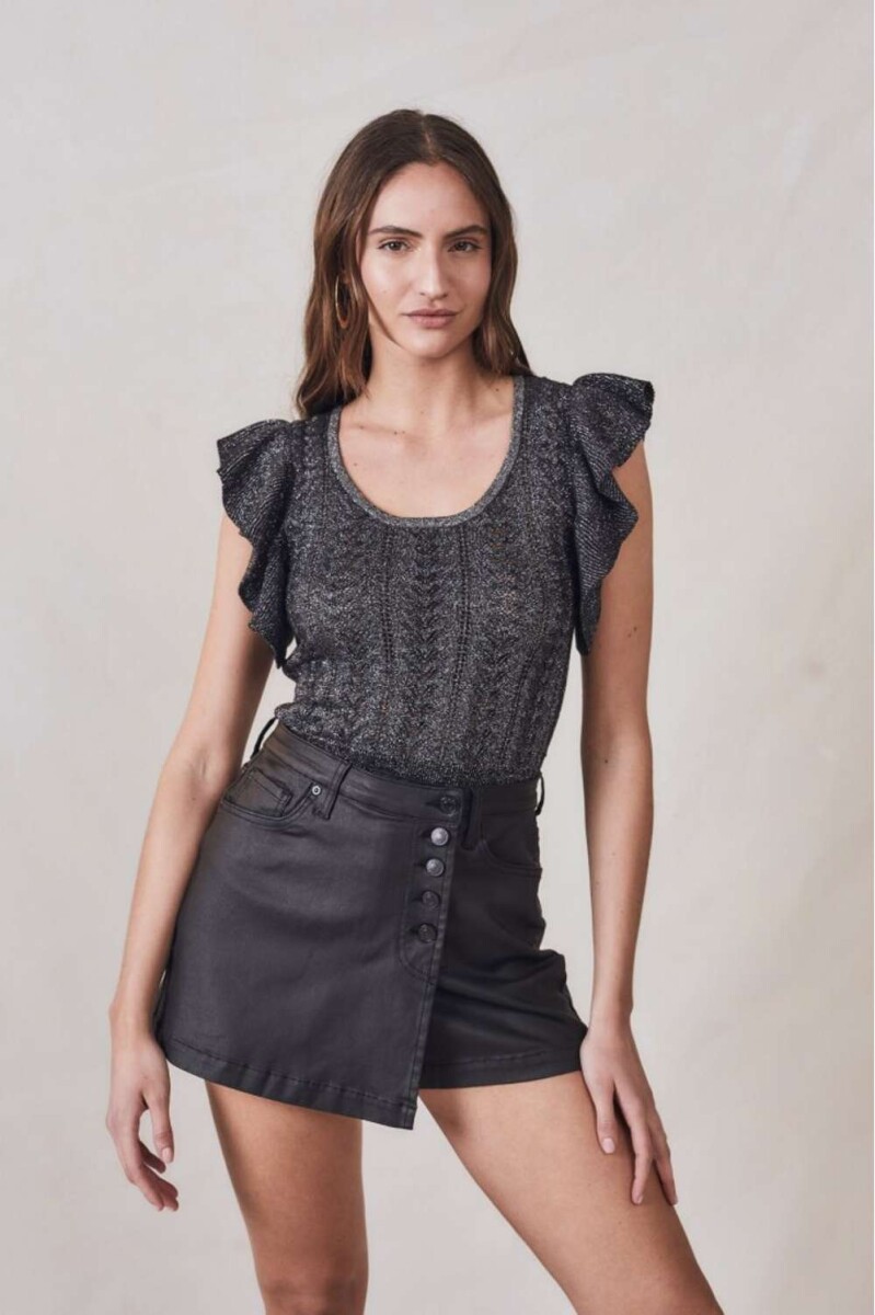 Top Metalizado Manga Volados - Negro 