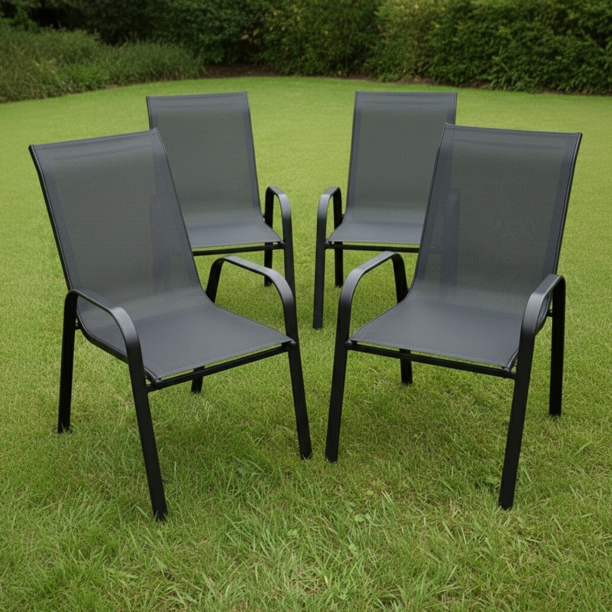 Set x4 Silla De Jardín De Metal Y Textilina Apilable con Apoyabrazos - NEGRO 
