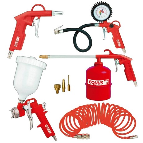 Kit 8 Piezas para Compresor de Aire Equus con Pistolas y Mangueras Kit 8 Piezas para Compresor de Aire Equus con Pistolas y Mangueras