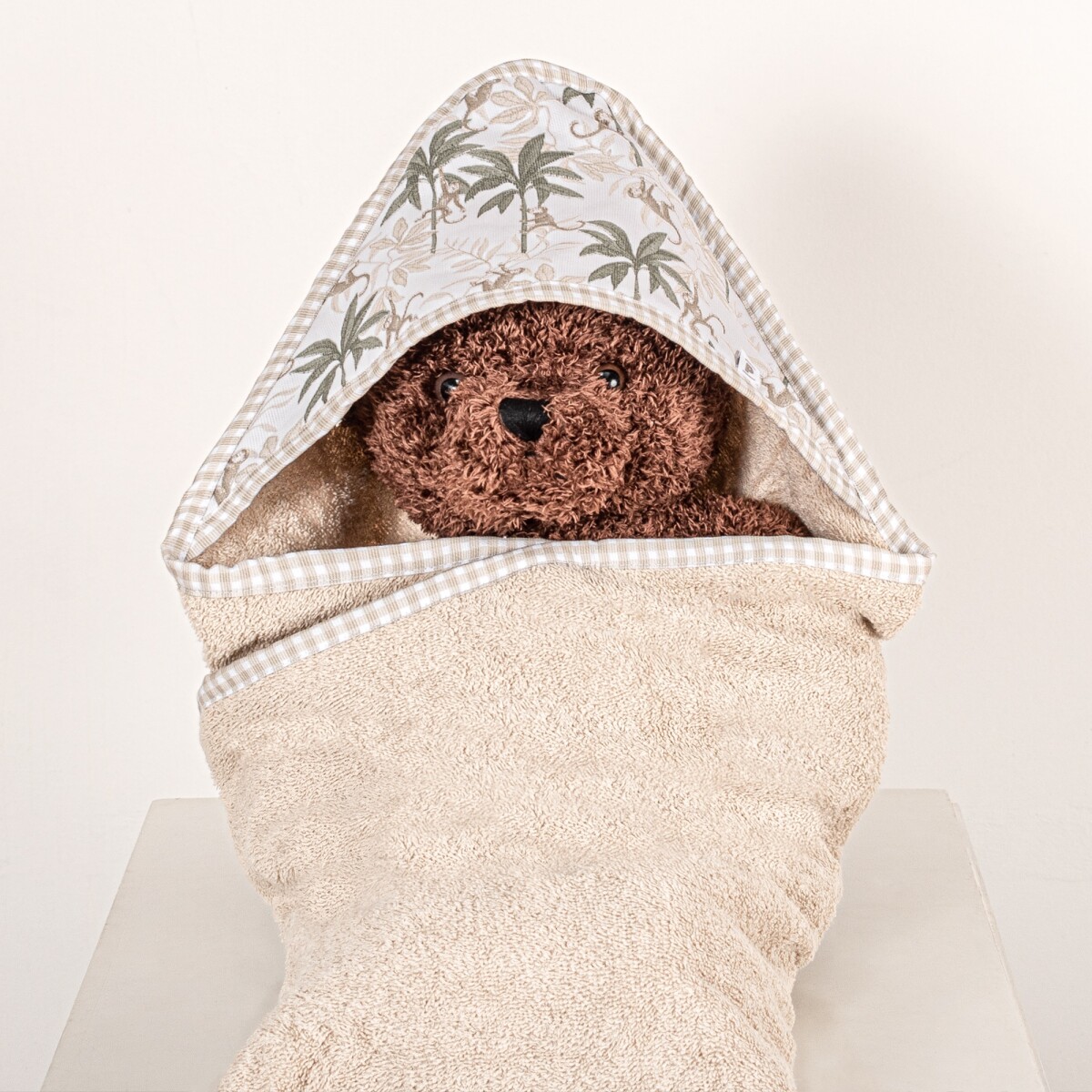 Toalla con Capucha - Monitos Borde Cuadritos y Beige 