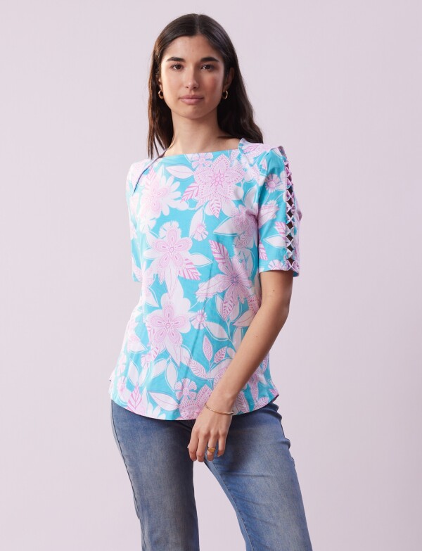 Remera Algodon Flores CELESTE/MULTI