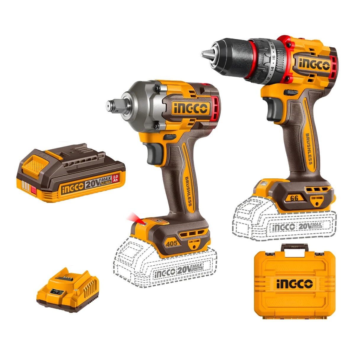 Kit Ingco Taladro + Llave Impacto + Baterías y Cargador 20v 