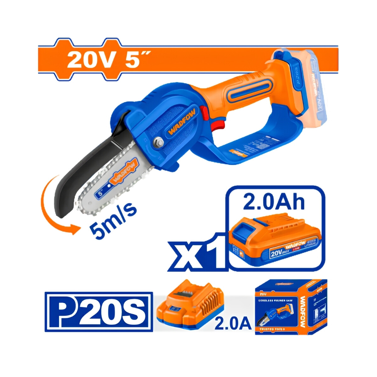 Mini Motosierra 5" A Bat 20v C/cadena + Vaina + Llave + Bat 