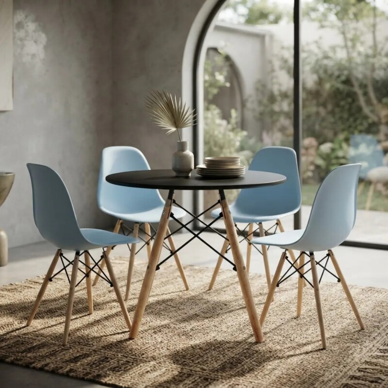 Juego de comedor Con Mesa Circular de 80cm + 4 Sillas Eames Azul/Negro