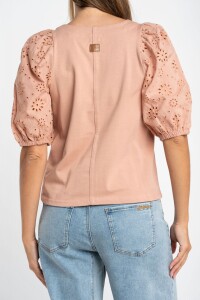 Remera Manga Globo Broderie Rosa