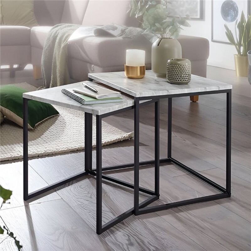 SET 2 MESAS METAL/MARMOL BLANCO Y NEGRO 45x45x52CM 40X40X45CM SET 2 MESAS METAL/MARMOL BLANCO Y NEGRO 45x45x52CM 40X40X45CM