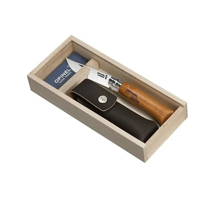Navaja Opinel carbono N°8 con funda y caja de madera Navaja Opinel carbono N°8 con funda y caja de madera