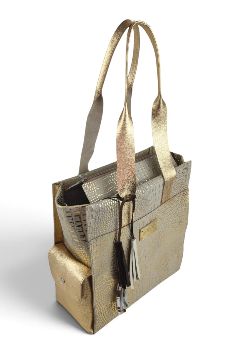 Bolso Tote de Cuero Vacuno y Pelo Natural Croco beige y dorado