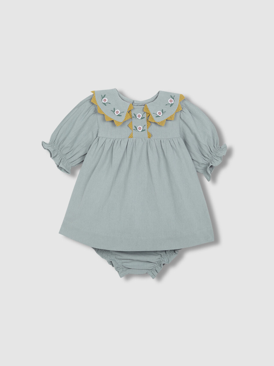 Vestido Con Cuellos Pico Bordados Azul