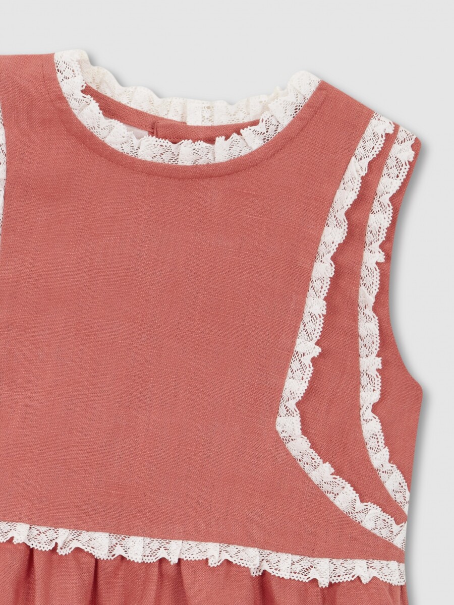 Vestido Lino Con Tiras Bordadas En Contr Fresa Claro