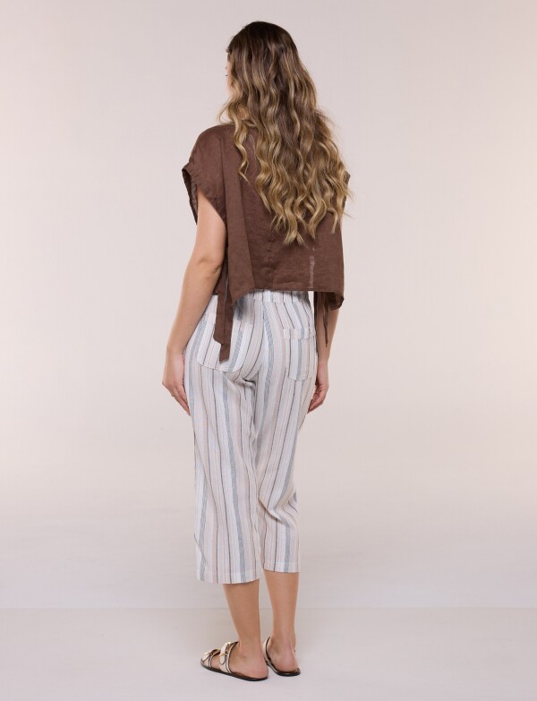 Capri De Lino A Rayas Con Cintura Ajustable BEIGE/MULTI