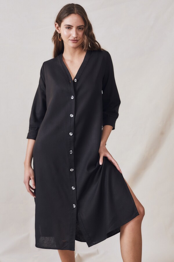 Vestido Camisero Con Lino Negro