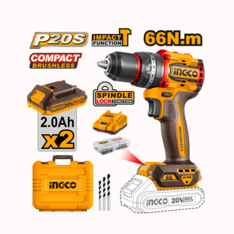 Taladro Atornillador INGCO C/Percutor a bateria 13mm p20S 20V + 47 Accesorios Con 2 Baterias
