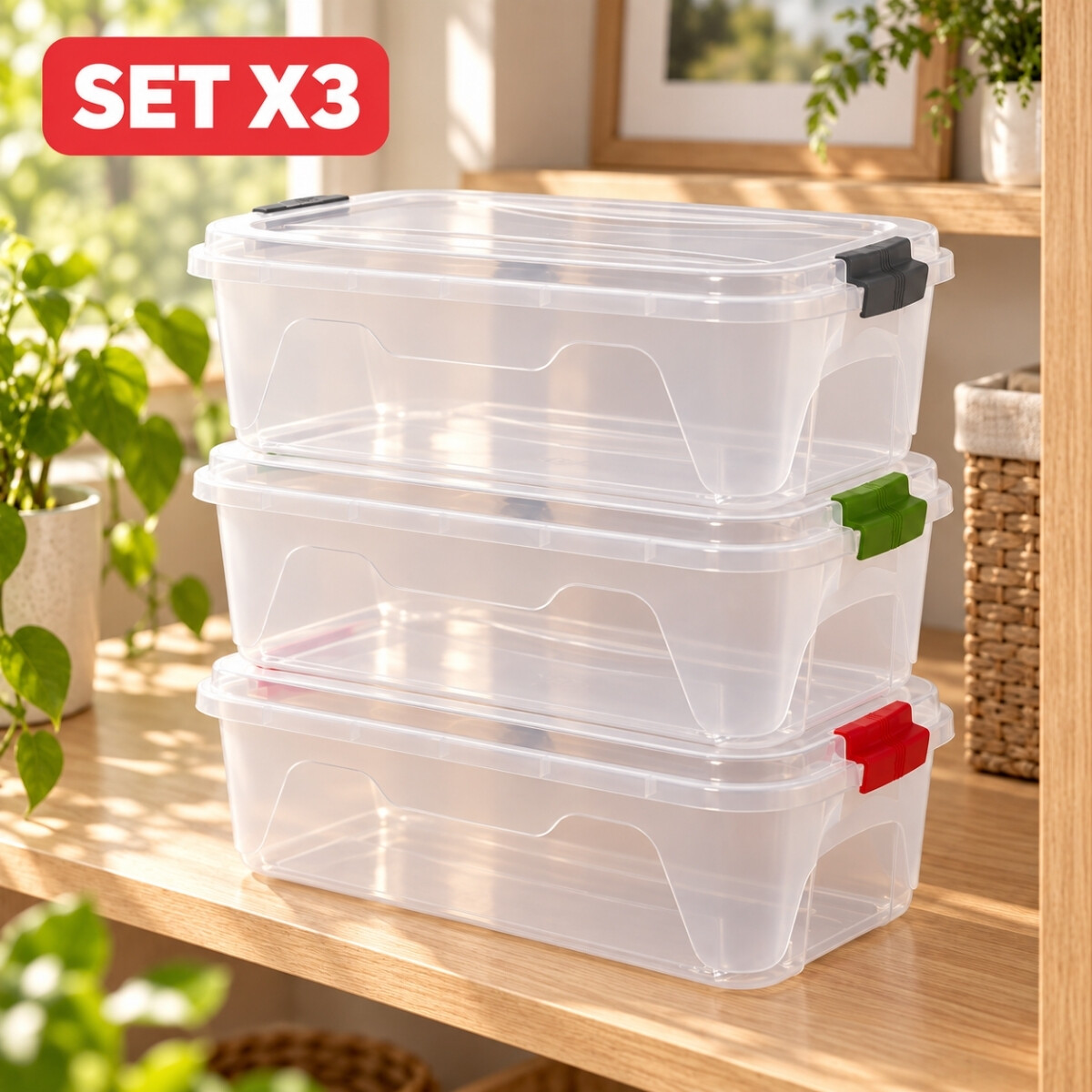Set x3 Caja organizadora 10 lts de plástico reforzada - TRANSPARENTE 