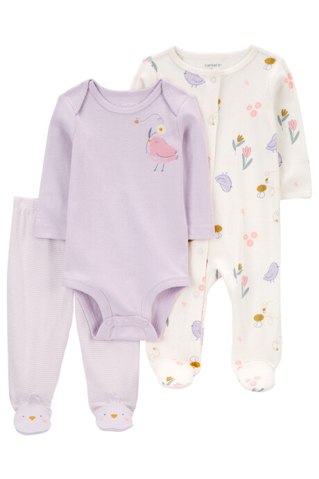 Set tres piezas de algodón, pijama con pie, pelele y body, diseño pájaro Set tres piezas de algodón, pijama con pie, pelele y body, diseño pájaro