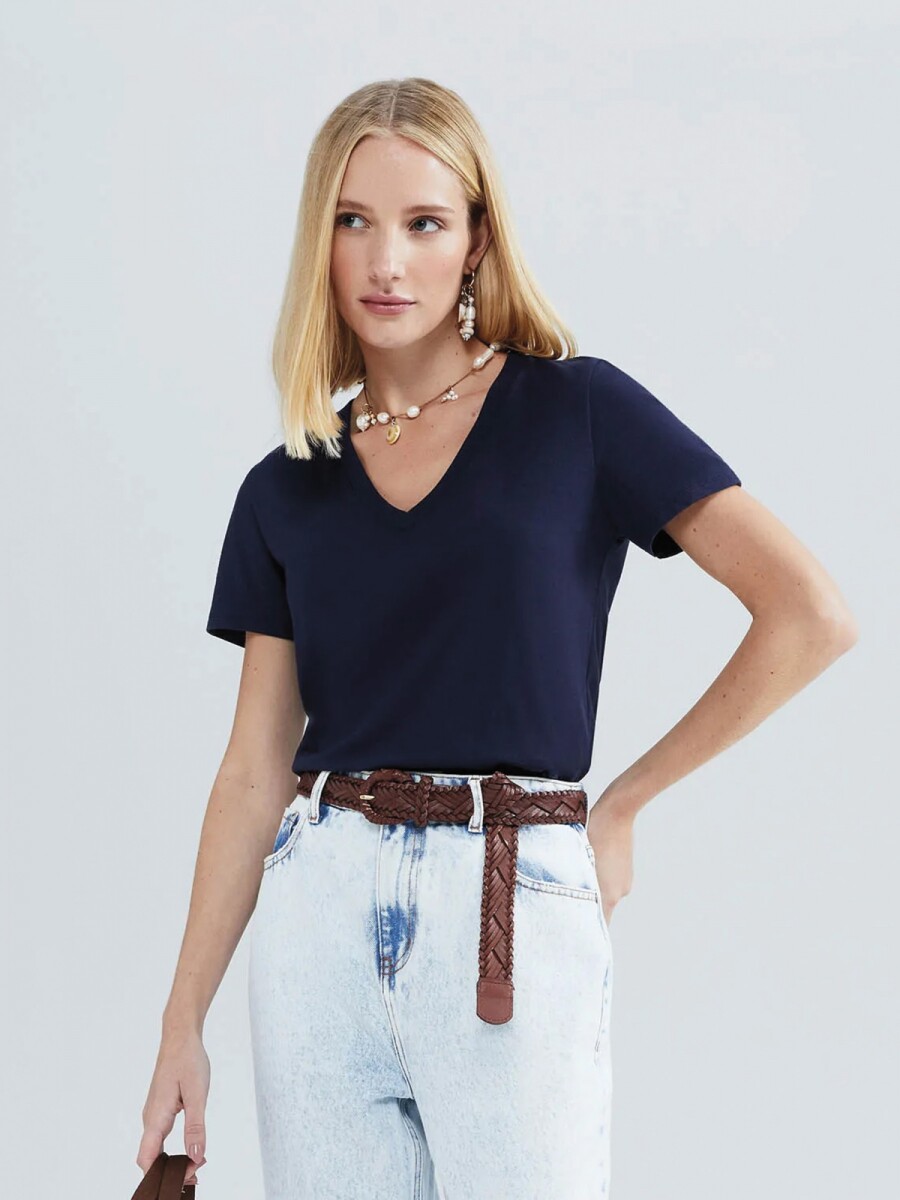 CAMISETA BÁSICA MANGA CORTA CUELLO EN V - AZUL 