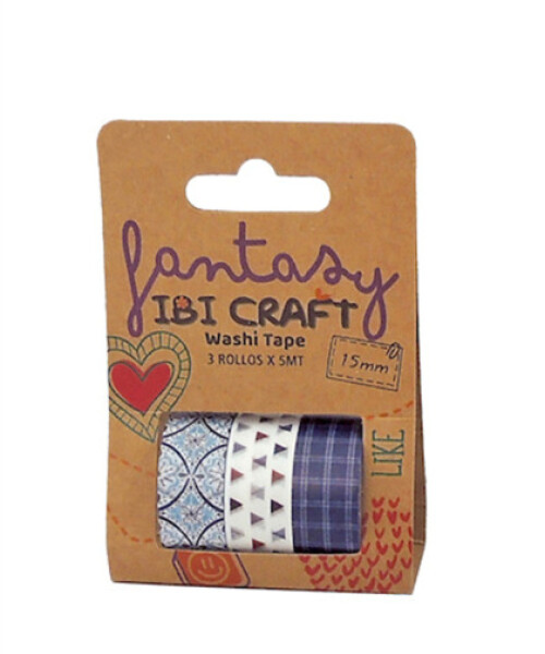 Cinta washi 1,5 cm. x 5 mts paquete x 3 AZUL