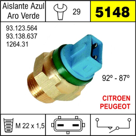 BULBO INTERRUPTOR CITROEN - PEUGEOT ELECTRO AX-306 DIESEL 92-87 GRADOS - BULBO INTERRUPTOR CITROEN - PEUGEOT ELECTRO AX-306 DIESEL 92-87 GRADOS -