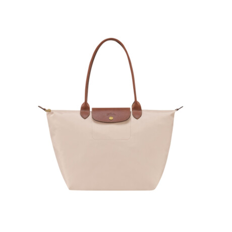 Longchamp -Cartera Longchamp plegable de nylon con cierre y asa larga, Le pliage L Marfil