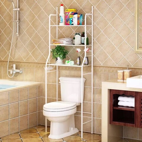 Estante mueble organizador sobre inodoro blanco